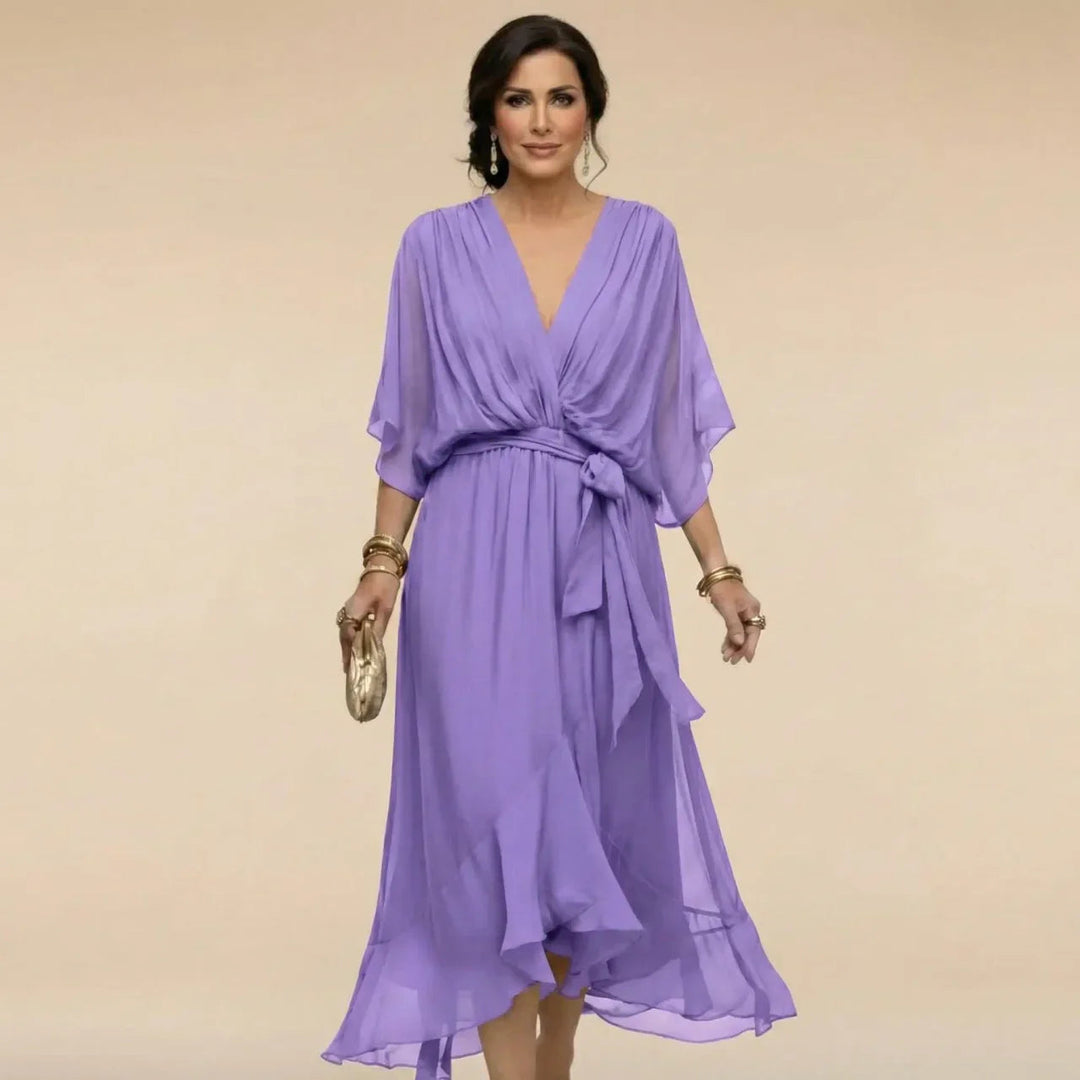 Women's Chiffon Midi Dress with V Neck and Belt - photo 8