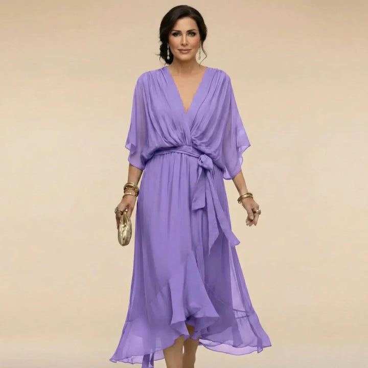 Women's Chiffon Midi Dress with V Neck and Belt - photo 8