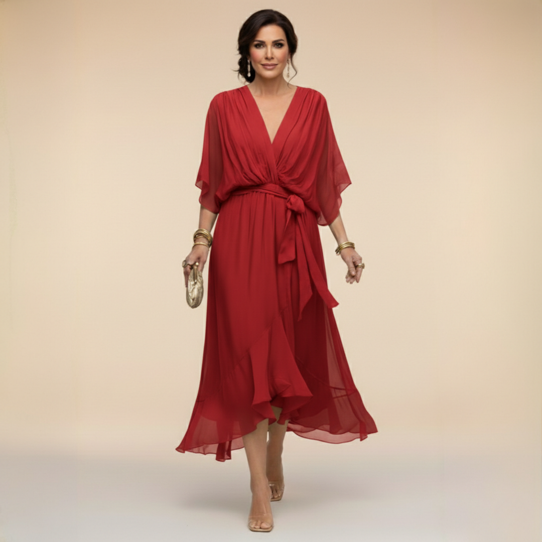 Women's Chiffon Midi Dress with V Neck and Belt - photo 9