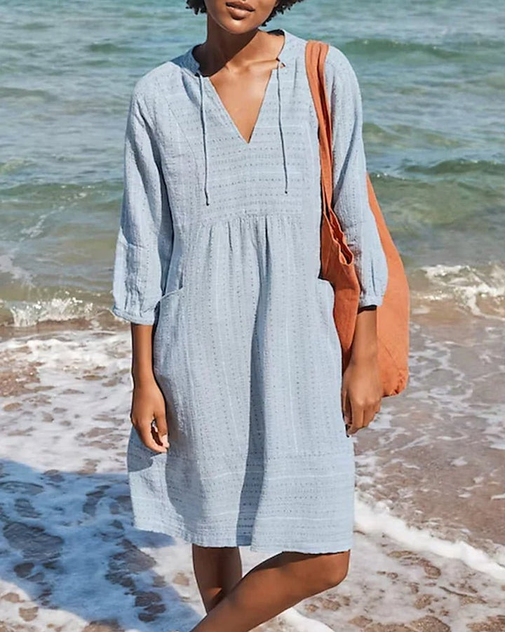 Women's Cotton Midi Dress with a V Neck