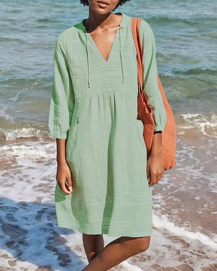 Women's Cotton Midi Dress with a V Neck