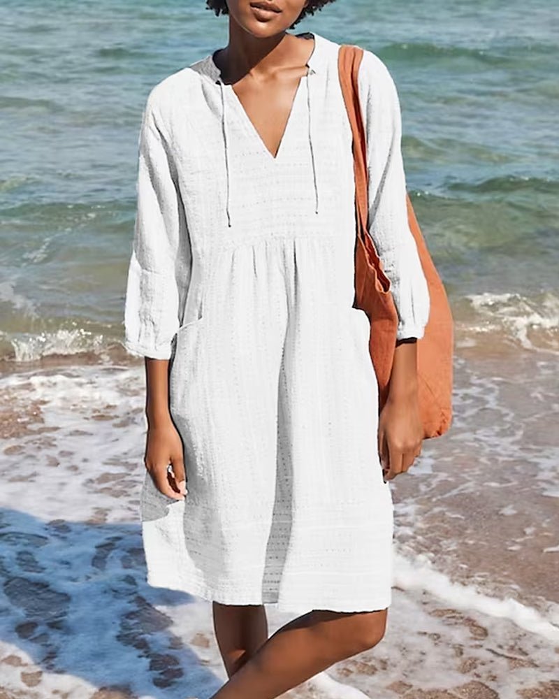 Women's Cotton Midi Dress with a V Neck