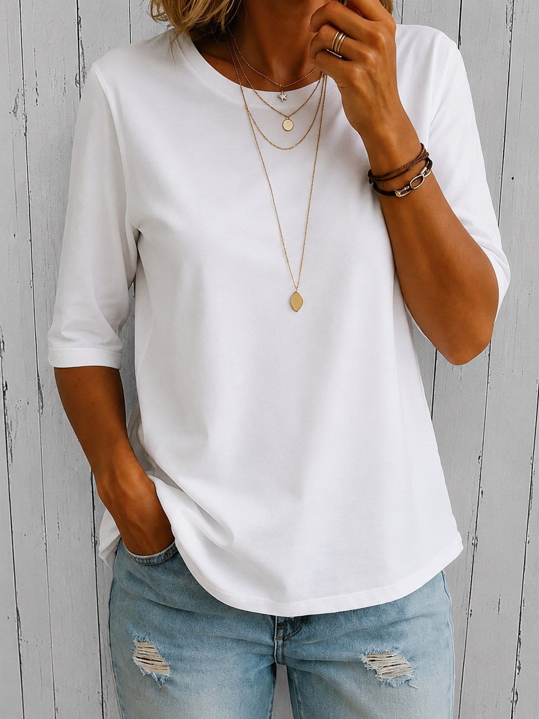 Women's Crew Neck Top with Three-Quarter Sleeves - photo 2