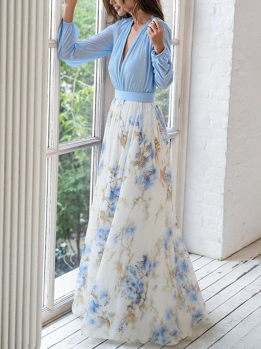 Women's Floral Chiffon Maxi Dress with Deep V-Neck and Long Sleeves