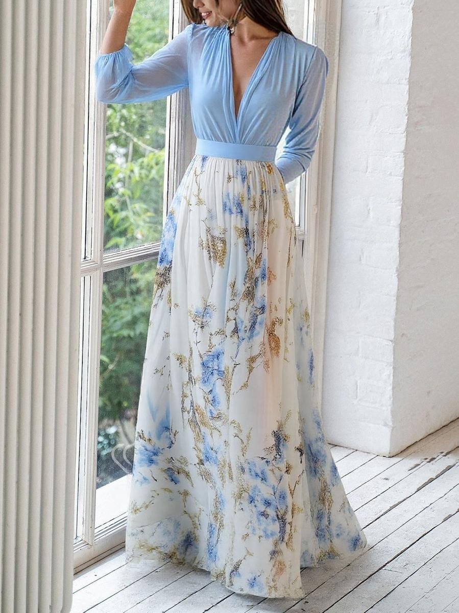 Women's Floral Chiffon Maxi Dress with Deep V-Neck and Long Sleeves