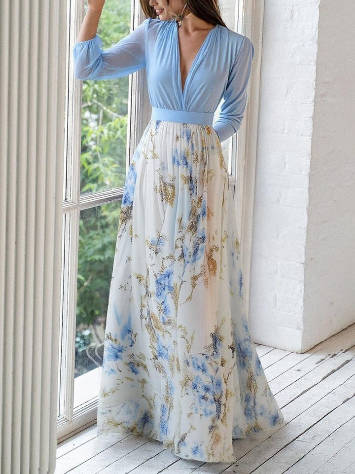 Women's Floral Chiffon Maxi Dress with Deep V-Neck and Long Sleeves