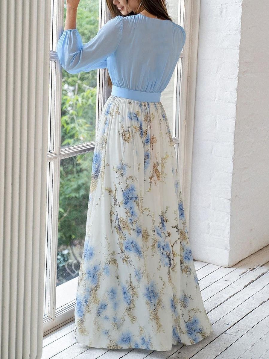 Women's Floral Chiffon Maxi Dress with Deep V-Neck and Long Sleeves