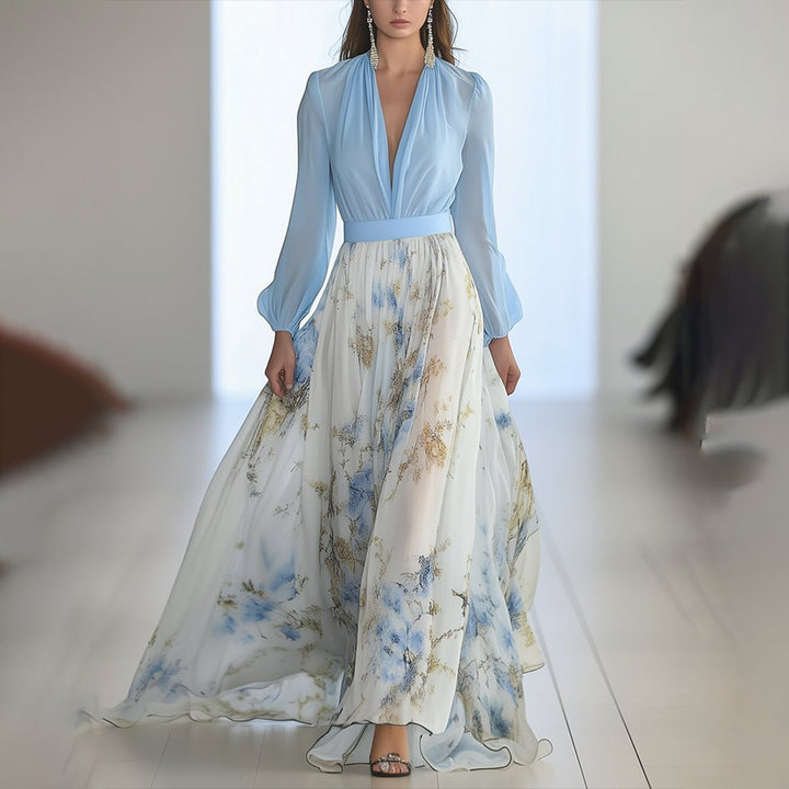 Women's Floral Chiffon Maxi Dress with Deep V-Neck and Long Sleeves