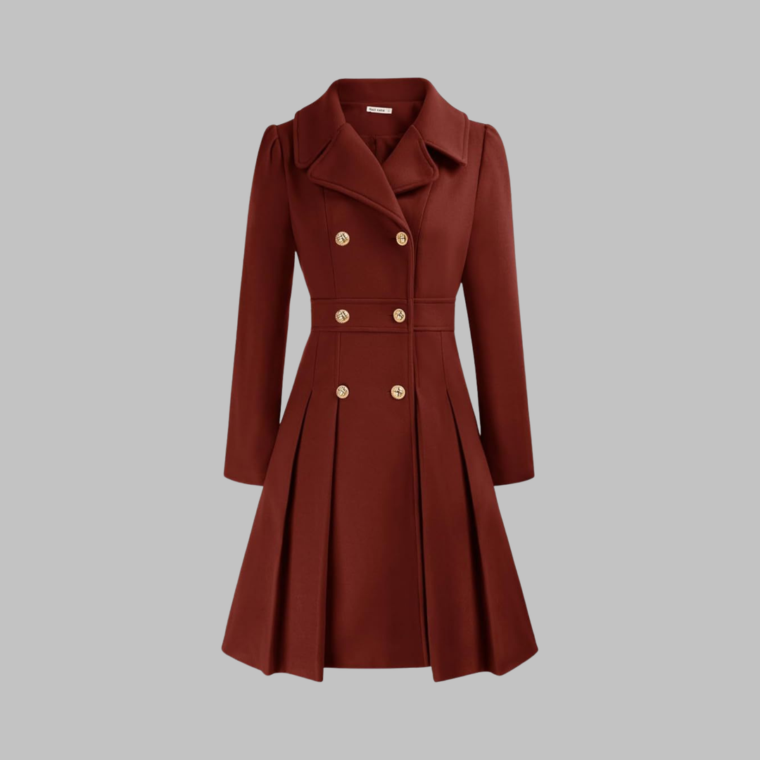 Women's Double-Breasted Coat with Pleated Skirt - Deep Red