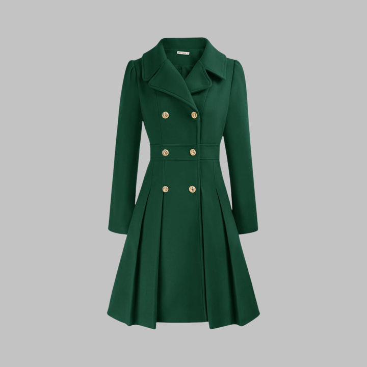 Women's Double-Breasted Coat with Pleated Skirt - Teal