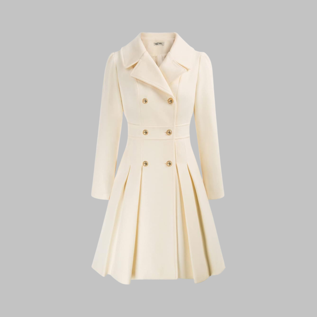 Women's Double-Breasted Coat with Pleated Skirt - White