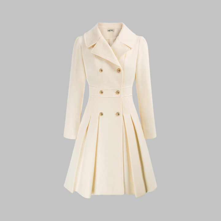 Women's Double-Breasted Coat with Pleated Skirt - White