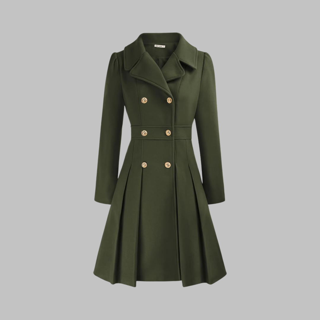 Women's Double-Breasted Coat with Pleated Skirt - Army Green