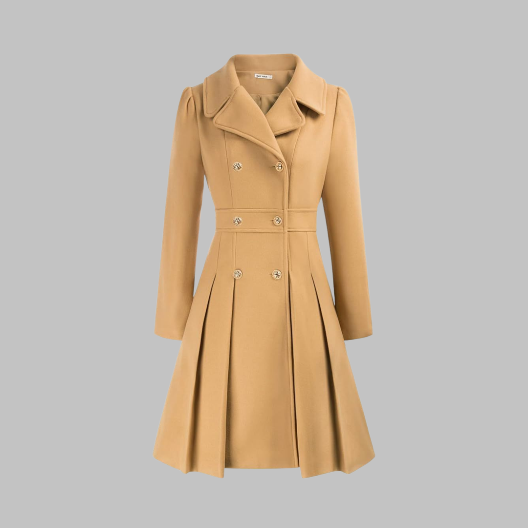 Women's Double-Breasted Coat with Pleated Skirt - Mustard