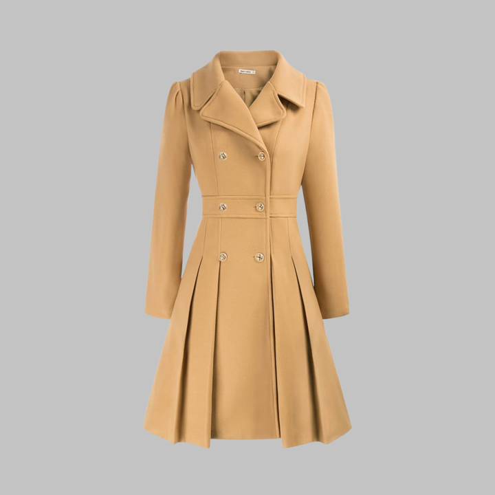 Women's Double-Breasted Coat with Pleated Skirt - Mustard