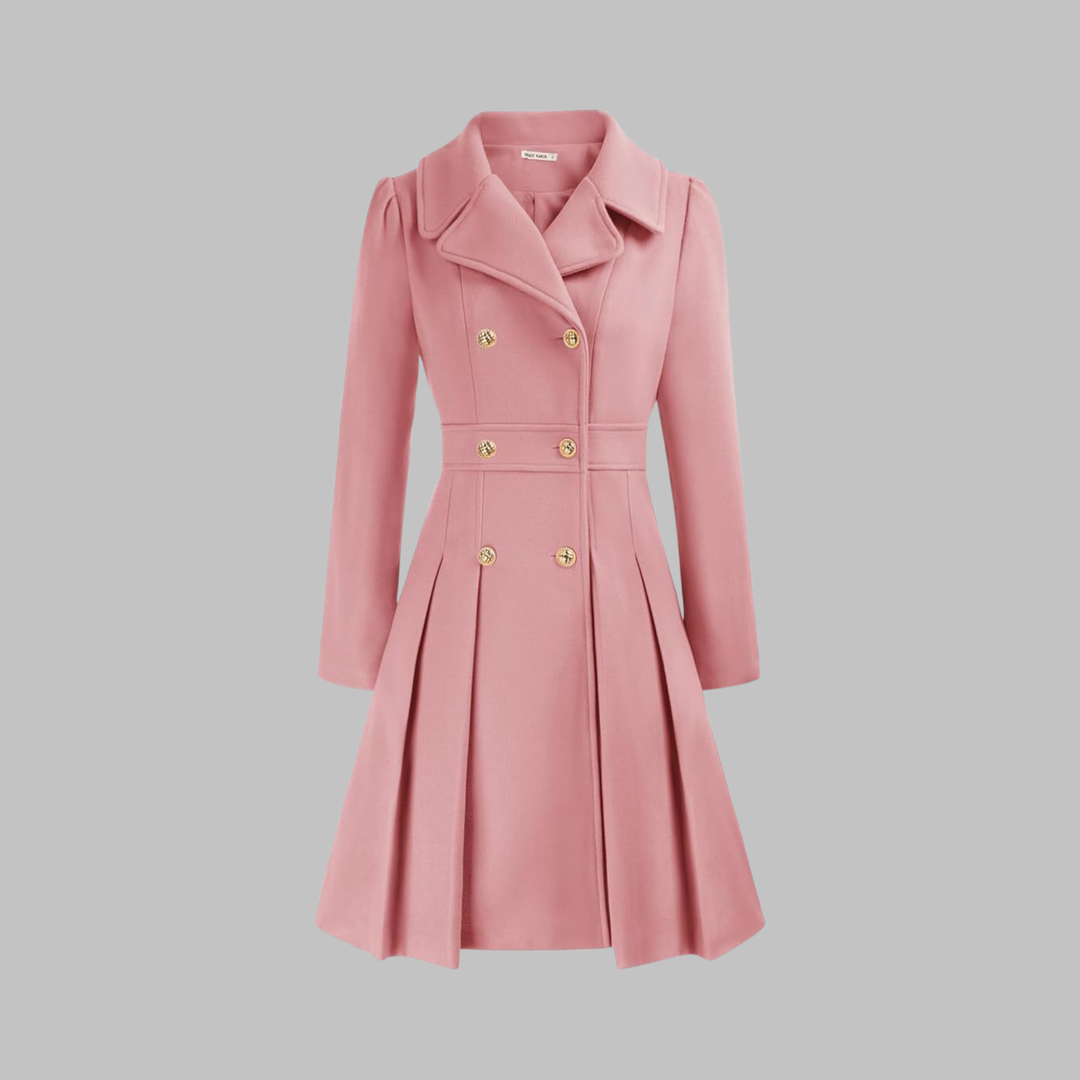 Women's Double-Breasted Coat with Pleated Skirt - Pink