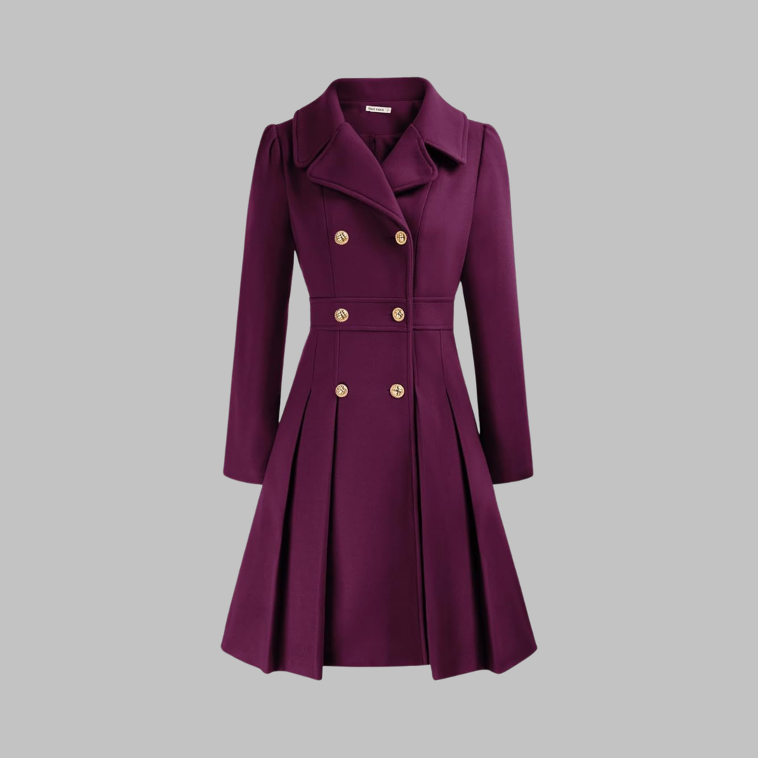Women's Double-Breasted Coat with Pleated Skirt - Purple
