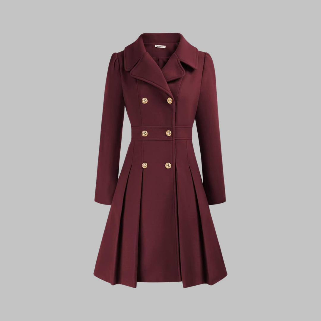 Women's Double-Breasted Coat with Pleated Skirt - Burgundy