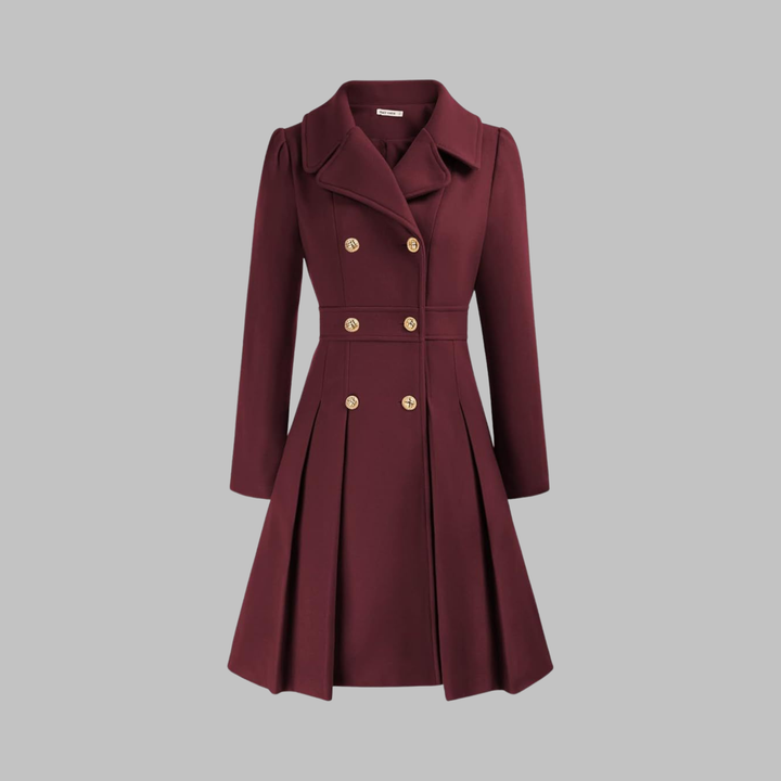 Women's Double-Breasted Coat with Pleated Skirt - Burgundy