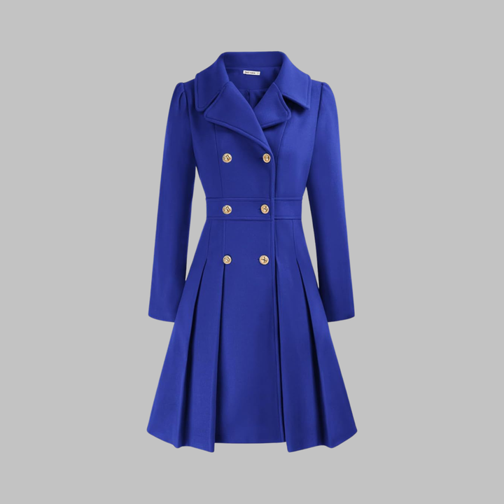 Women's Double-Breasted Coat with Pleated Skirt - Royal Blue