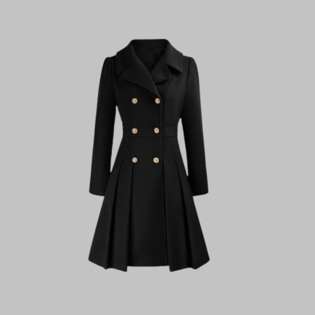 Women's Double-Breasted Coat with Pleated Skirt - Black