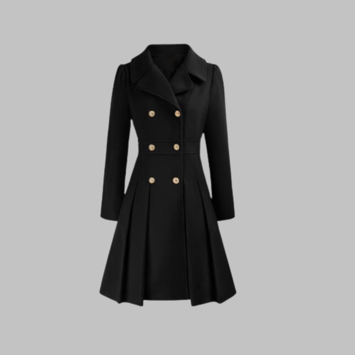 Women's Double-Breasted Coat with Pleated Skirt - Black