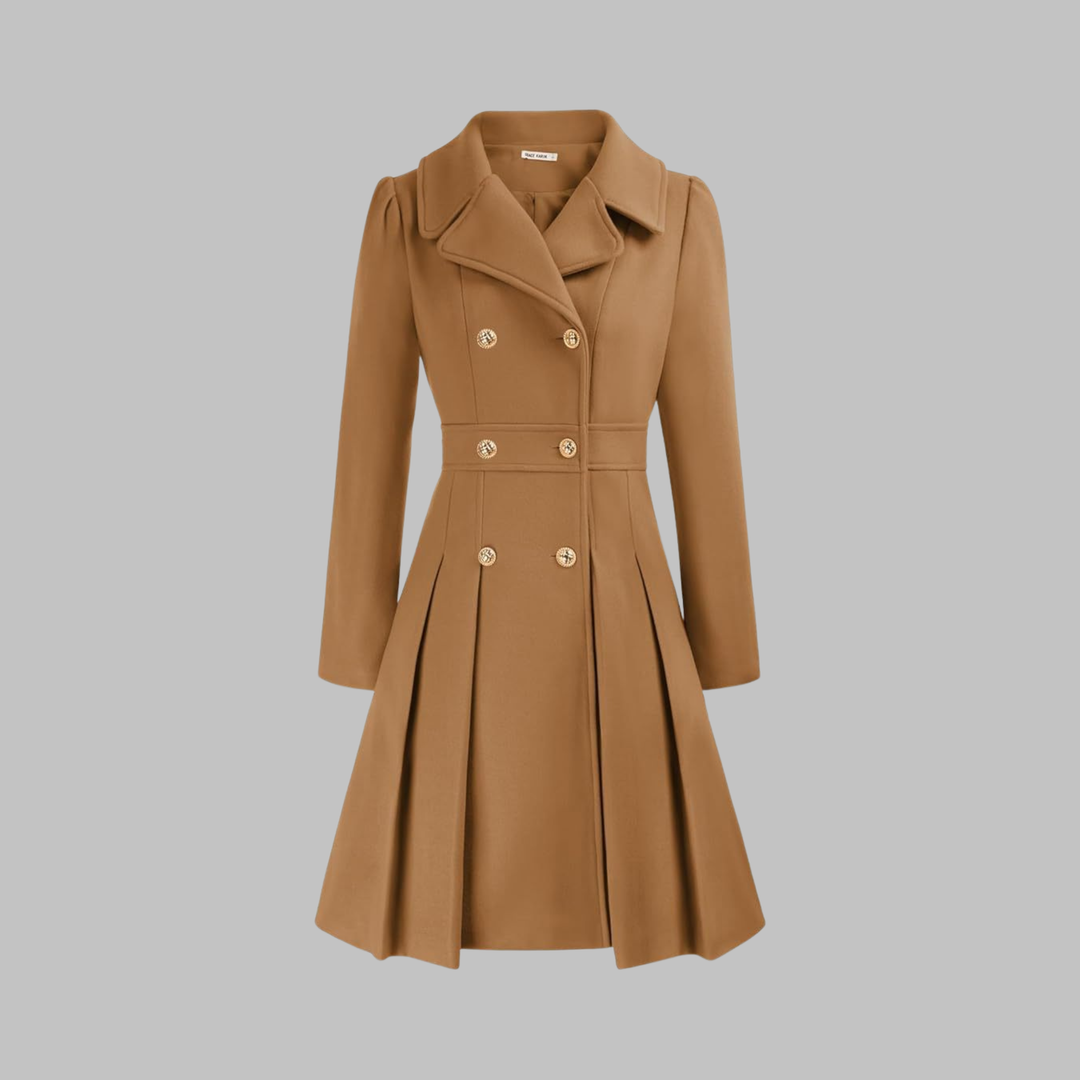 Women's Double-Breasted Coat with Pleated Skirt - Camel