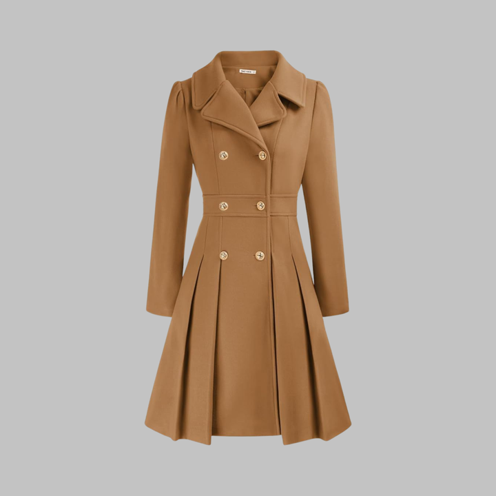 Women's Double-Breasted Coat with Pleated Skirt - Camel