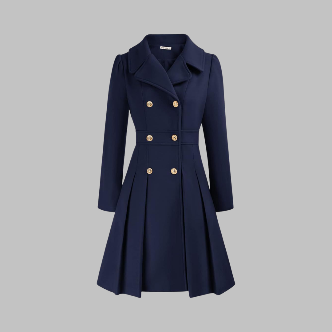 Women's Double-Breasted Coat with Pleated Skirt - Dark Blue
