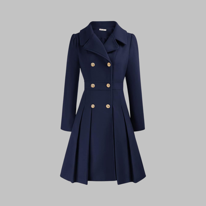 Women's Double-Breasted Coat with Pleated Skirt - Dark Blue