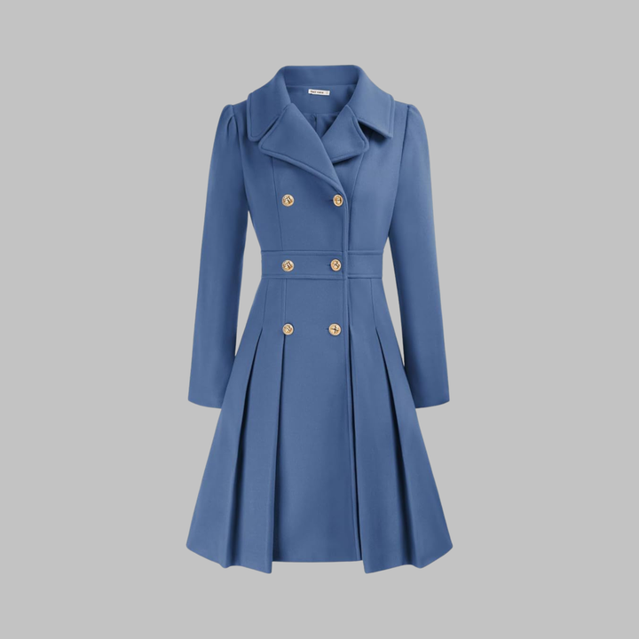 Women's Double-Breasted Coat with Pleated Skirt - Blue Grey