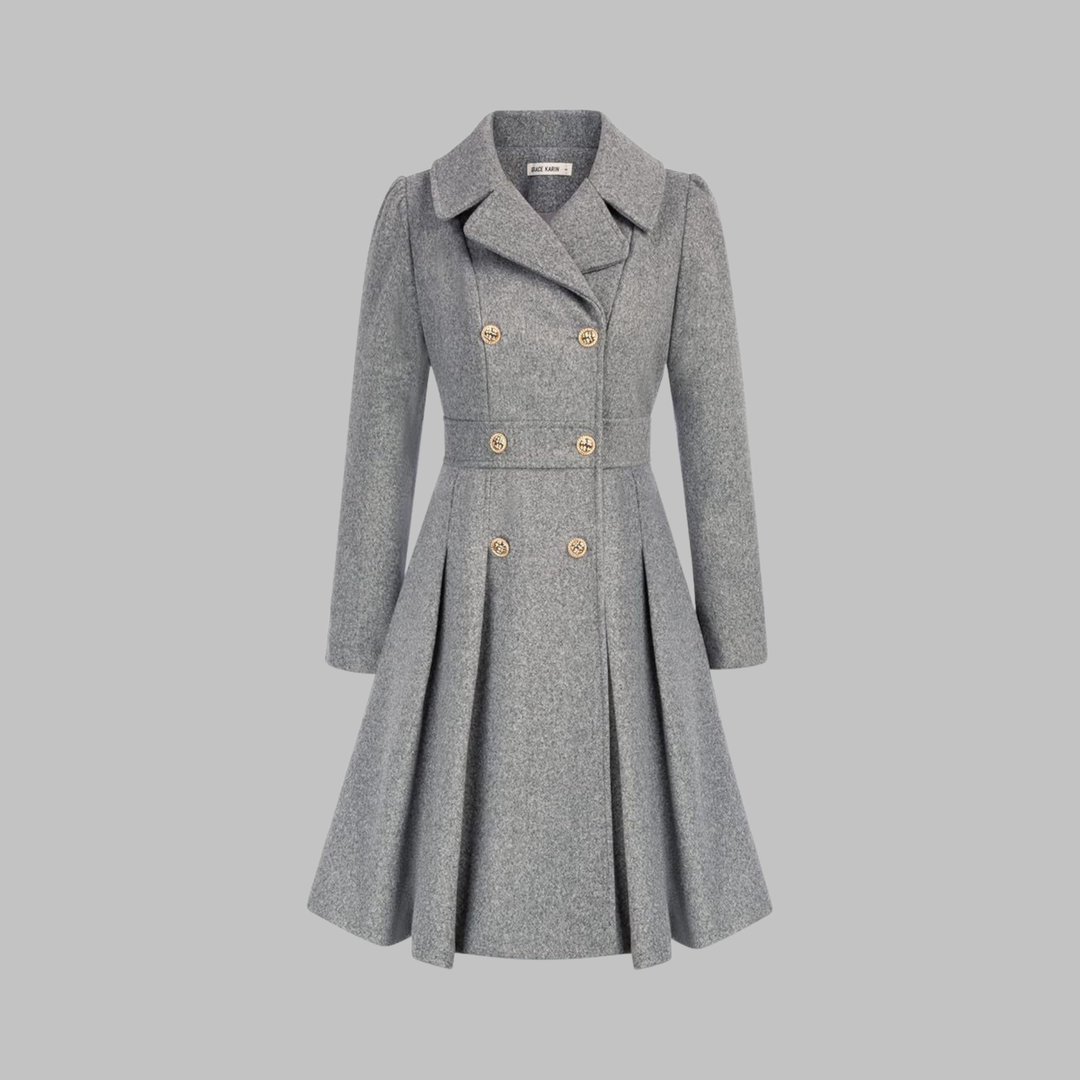 Women's Double-Breasted Coat with Pleated Skirt - Light Grey