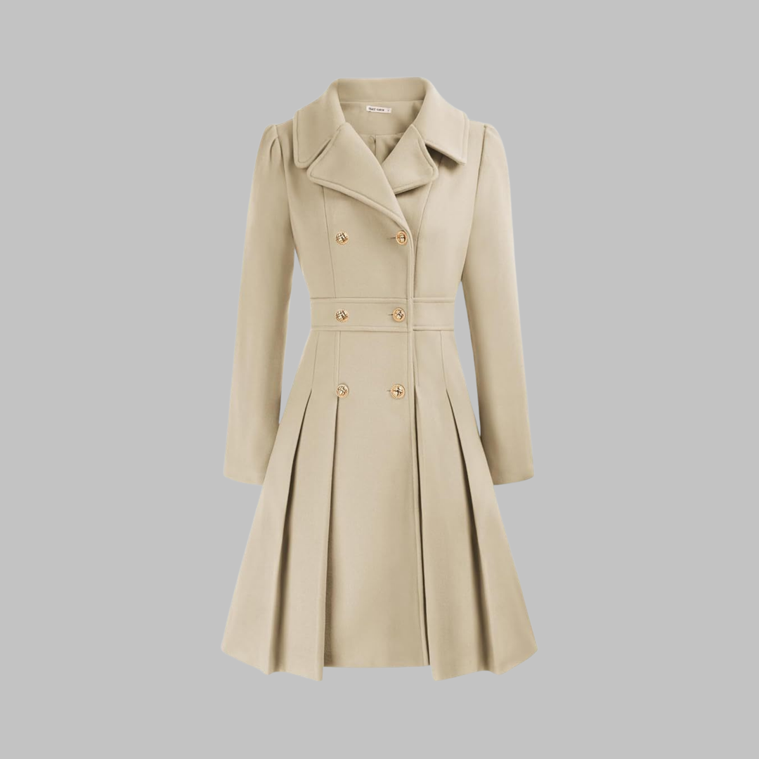 Women's Double-Breasted Coat with Pleated Skirt - Beige
