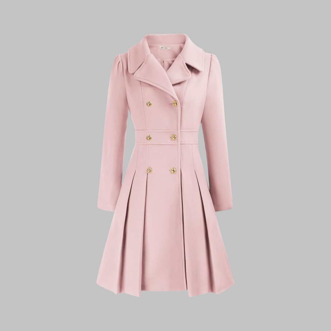 Women's Double-Breasted Coat with Pleated Skirt - Light Pink