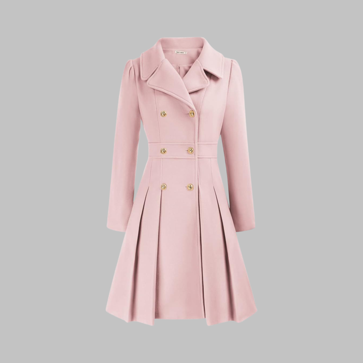 Women's Double-Breasted Coat with Pleated Skirt - Light Pink