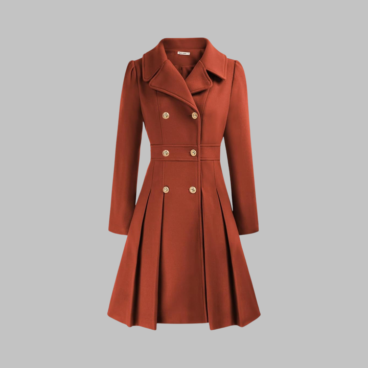 Women's Double-Breasted Coat with Pleated Skirt - Orange