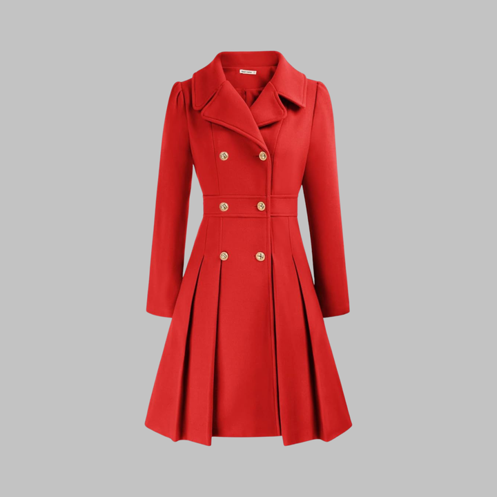 Women's Double-Breasted Coat with Pleated Skirt - Red