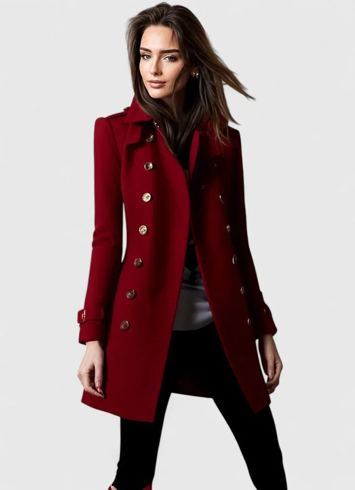 Women's Double-Breasted Coat with Shoulder Epaulets - Red