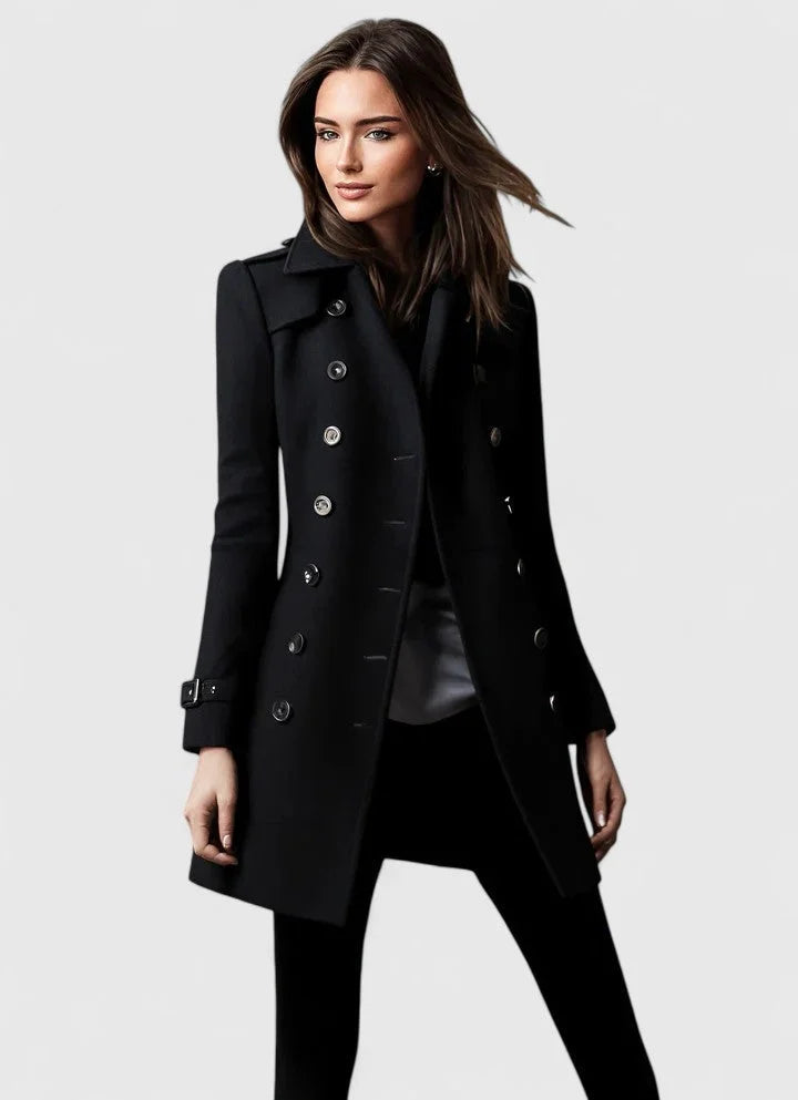 Women's Double-Breasted Coat with Shoulder Epaulets - Black