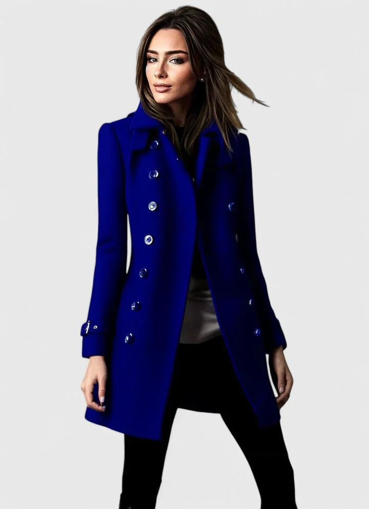 Women's Double-Breasted Coat with Shoulder Epaulets - Blue