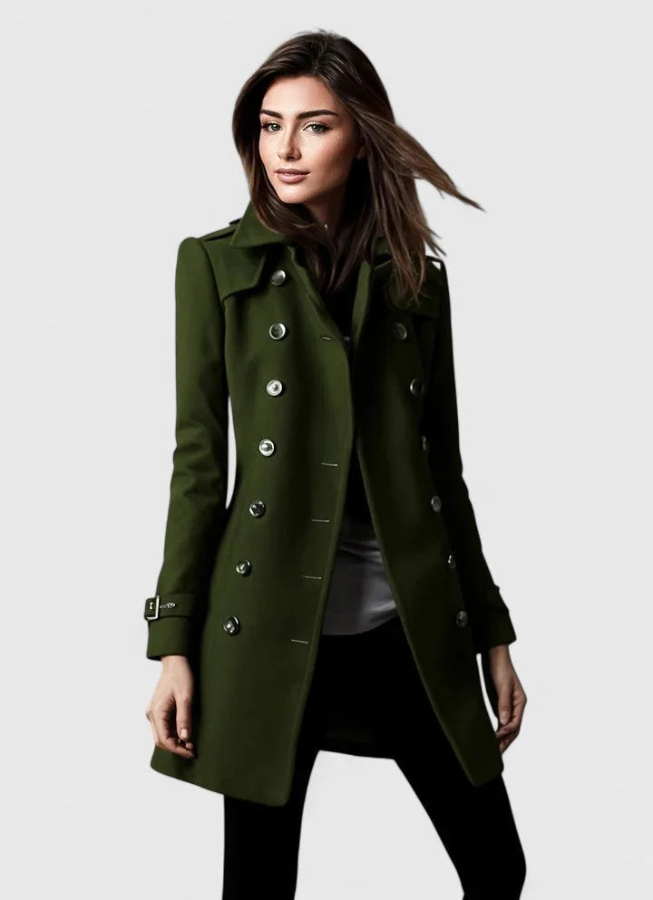 Women's Double-Breasted Coat with Shoulder Epaulets - Green