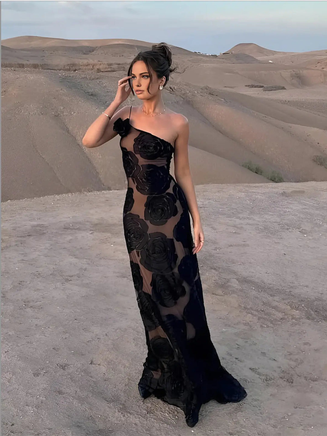 Women's One-Shoulder Floor-Length Gown with Sheer Rose Detail