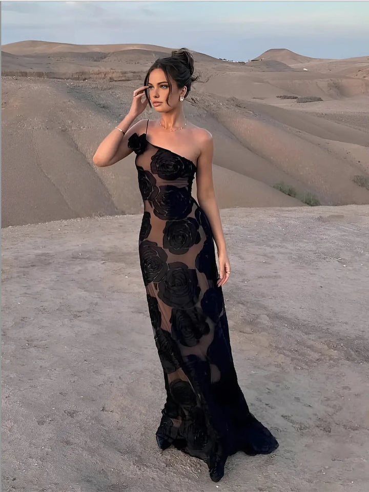 Women's One-Shoulder Floor-Length Gown with Sheer Rose Detail