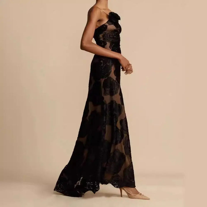 Women's One-Shoulder Floor-Length Gown with Sheer Rose Detail