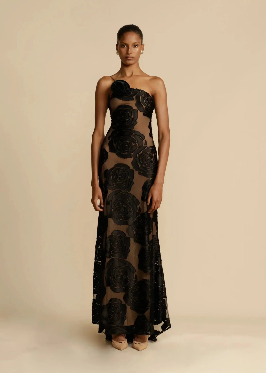 Women's One-Shoulder Floor-Length Gown with Sheer Rose Detail - Black