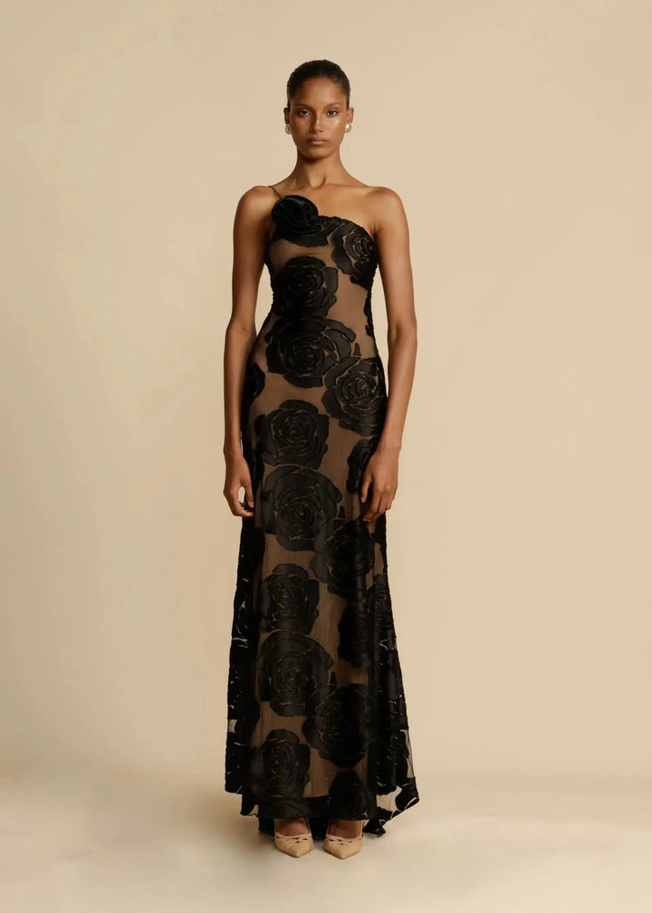 Women's One-Shoulder Floor-Length Gown with Sheer Rose Detail - Black