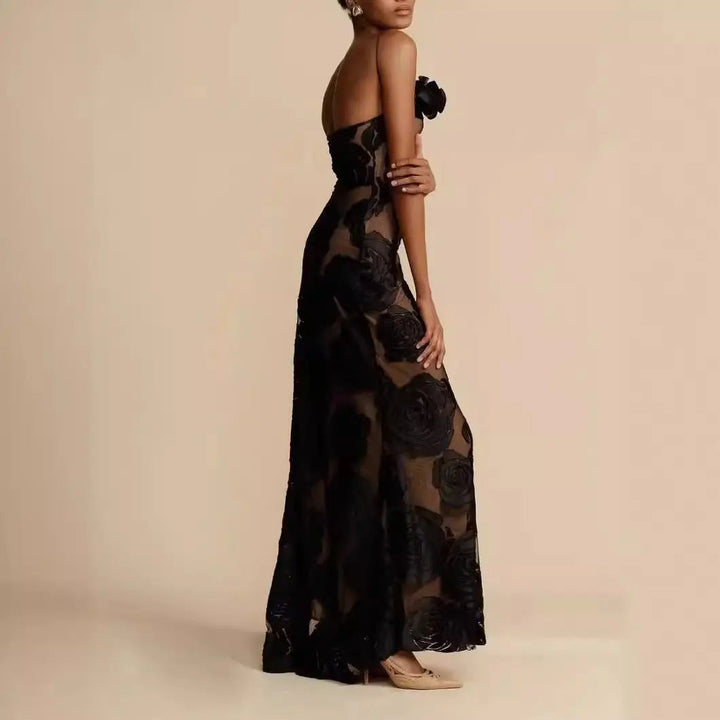 Women's One-Shoulder Floor-Length Gown with Sheer Rose Detail