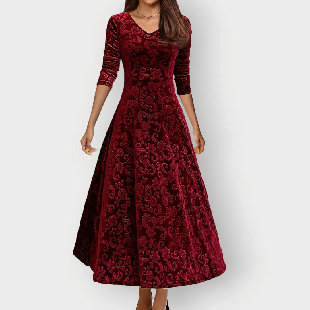 Women's Embossed Velvet Midi Dress with V-Neck - Red
