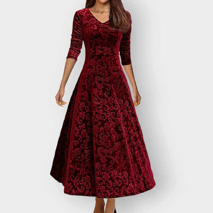 Women's Embossed Velvet Midi Dress with V-Neck - Red
