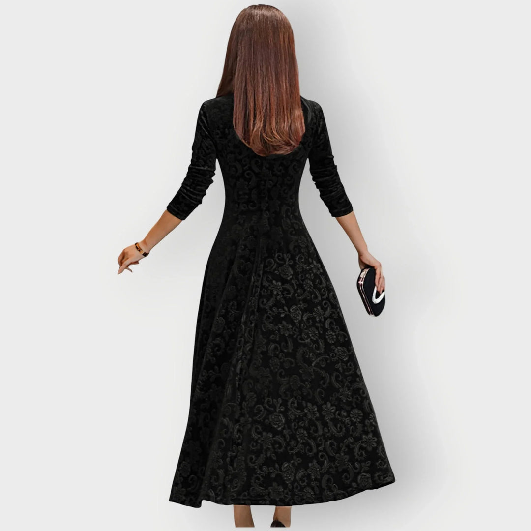 Women's Embossed Velvet Midi Dress with V-Neck